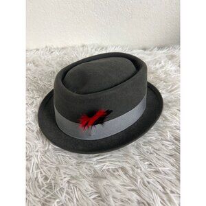 Vintage Robert Hall Black Genuine Fur Felt Fedora Hat Red Feather SIZE 7 (56)